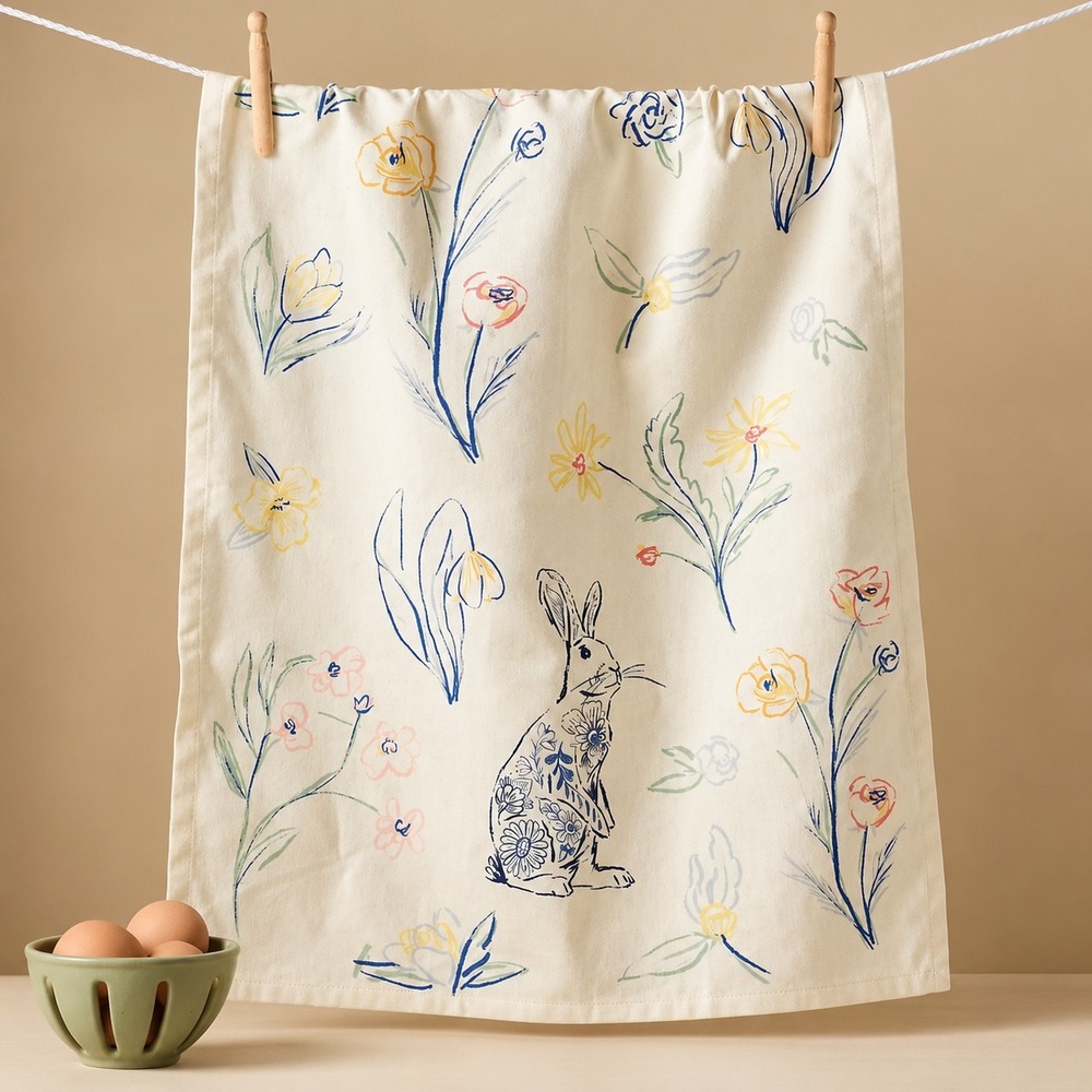 Anthropologie Floral Bunny Tea Towel Kitchen Home Cream Easter Cottageore
